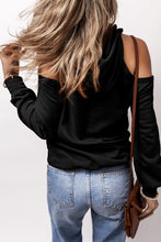 Load image into Gallery viewer, Black Exposed Seam Cold Shoulder Drawstring Hoodie
