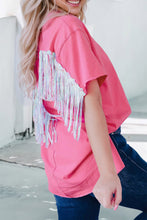 Cargar imagen en el visor de la galería, Rose Red Sequined Fringe Wing High-low Hem T-shirt
