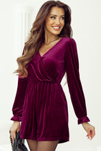 Load image into Gallery viewer, Red Dahlia Velvet Surplice Neck Ruffled Sleeve High Waist Romper
