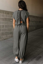 Cargar imagen en el visor de la galería, Medium Grey Cap Sleeve Open Back Drawstring Jogger Jumpsuit
