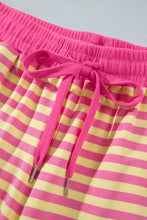 Cargar imagen en el visor de la galería, Pink Stripe Colorblock Trim Crew Neck Loose Tee Drawstring Elastic Waist 2pcs Pant Set
