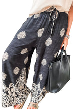 Cargar imagen en el visor de la galería, Black Bohemian Printed Drawstring Waist Wide Leg Pants
