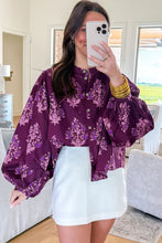 Load image into Gallery viewer, Purple Floral Print Button Front Long Puff Sleeve Shirt
