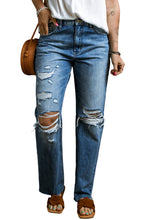 Load image into Gallery viewer, Light Blue Distressed Holes Raw Edge Straight Jeans
