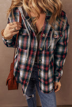 Cargar imagen en el visor de la galería, Red Plaid Print Chest Pocket Buttoned Hooded Shacket
