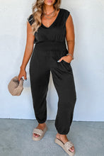 Cargar imagen en el visor de la galería, Black Plus Smocked High Waist Sleeveless V Neck Jumpsuit
