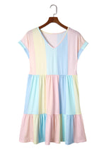 Load image into Gallery viewer, Multicolor Striped Color Block Tiered Baby Doll Mini Dress
