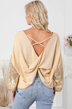 Cargar imagen en el visor de la galería, Apricot Sequin Patchwork Sleeve Open Back Waffle Knit Top
