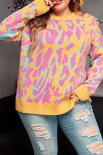 Cargar imagen en el visor de la galería, Bright Pink Plus Size Leopard Ribbed Trim Sweater
