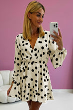 Cargar imagen en el visor de la galería, Beige Polka Dot Printed Surplice V Neck Puff Sleeve Mini Dress
