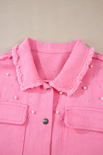 Load image into Gallery viewer, Bonbon Pearl Beaded Raw Hem Button Up Denim Jacket
