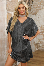 Load image into Gallery viewer, Dark Grey Sequin V Neck Dolman Sleeve Shift Dress
