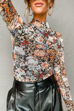 Load image into Gallery viewer, Brown Floral Long Sleeve High Neck Sheath Mesh Blouse
