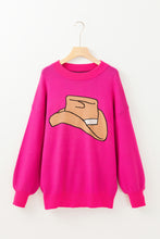 Cargar imagen en el visor de la galería, Hot Pink YEEHAW Cowboy Hat Drop Shoulder Oversized Sweater
