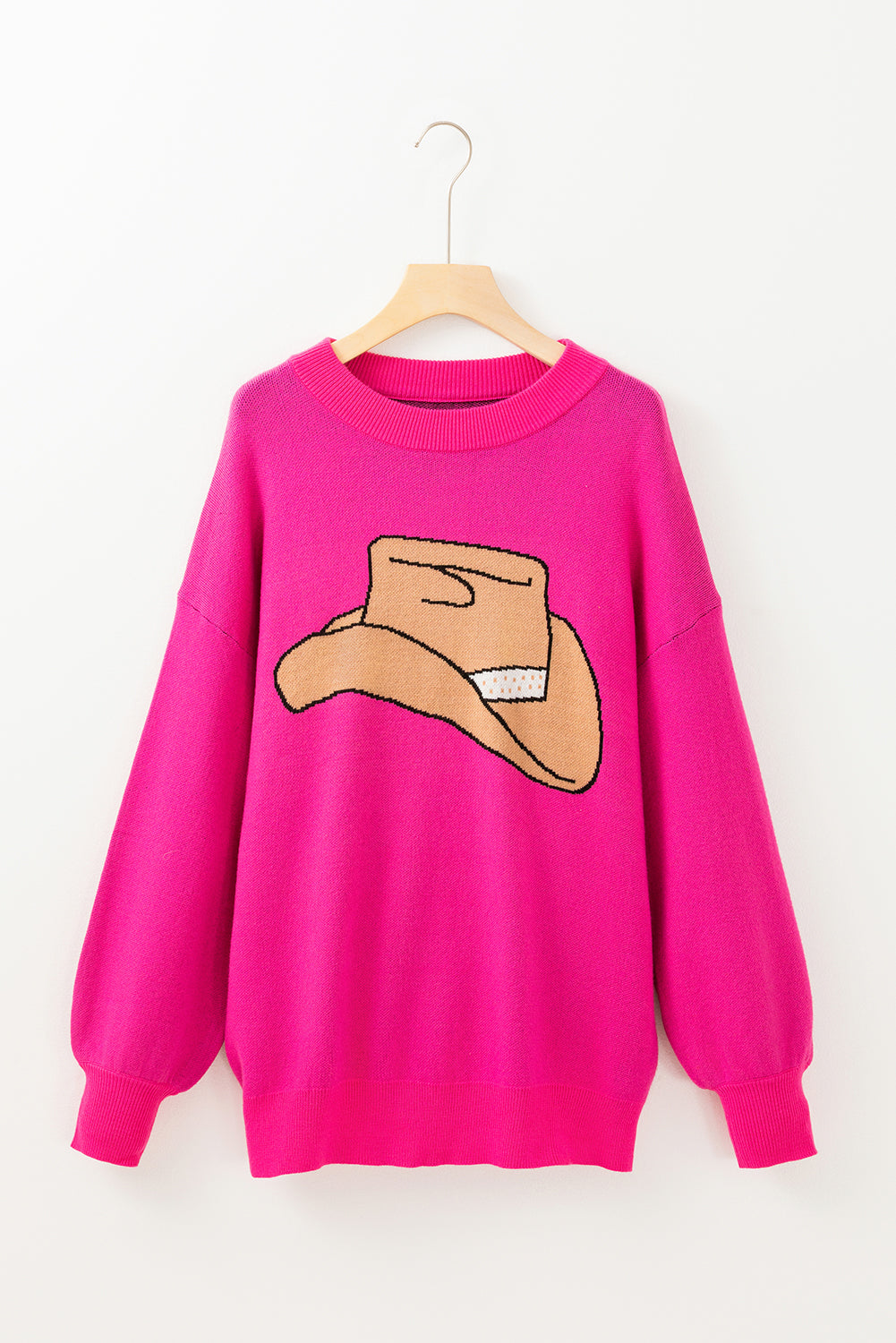 Hot Pink YEEHAW Cowboy Hat Drop Shoulder Oversized Sweater