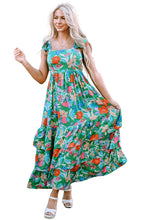 Load image into Gallery viewer, Green Floral Print Sleeveless Ruffle Tiered Maxi Dress
