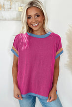 Load image into Gallery viewer, Bright Pink Textured Contrast Trim Round Neck T Shirt
