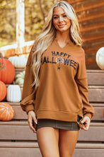 Cargar imagen en el visor de la galería, Chestnut Sequin Happy Halloween Graphic Notched Neck Long Sleeve Loose Top
