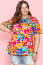 Load image into Gallery viewer, Pink Floral Print Short Sleeve Plus Size Babydoll Blouse
