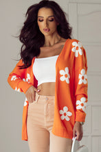 Cargar imagen en el visor de la galería, Orange Floral Print Knitted Open Front Loose Cardigan
