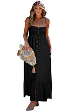 Cargar imagen en el visor de la galería, Black Spaghetti Straps Smocked Front Slit Buttoned Dress
