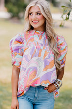 Cargar imagen en el visor de la galería, Pink Abstract Print Bubble Sleeve Smock Detail Blouse
