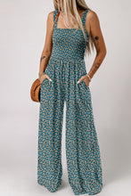 Load image into Gallery viewer, Green Floral Print Smocked High Waist Square Neck Jumpsuit
