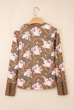 Load image into Gallery viewer, Brown Floral Print Waffle Textured Long Sleeve Top
