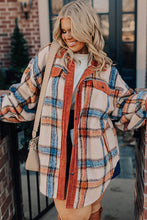 Cargar imagen en el visor de la galería, Brown Stripe Plus Size Plaid Print Collared Buttoned Jacket
