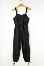 Load image into Gallery viewer, Black Knotted Straps Button Textured Drawstring Jumpsuit
