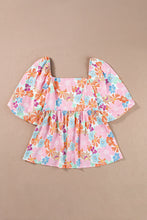 Cargar imagen en el visor de la galería, Pink Floral Puff Sleeve Square Neck Babydoll Blouse
