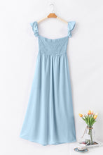 Load image into Gallery viewer, Sky Blue Off Shoulder Ruched Bust Sheer Slit Maxi Dress
