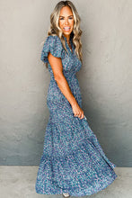 Cargar imagen en el visor de la galería, Blue Printed V Neck Shirred Short Puff Sleeve Maxi Dress
