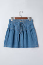 Cargar imagen en el visor de la galería, Sky Blue Half Buttons Pleated High Waist Denim Mini Skirt with Drawstring
