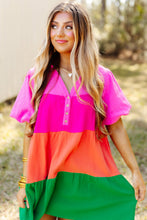 Load image into Gallery viewer, Multicolor Color Block Tiered Puff Sleeve Dress
