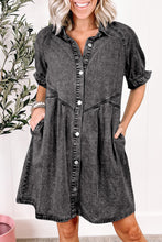 Load image into Gallery viewer, Medium Grey Mineral Wash Ruffled Short Sleeve Buttoned Denim Dress
