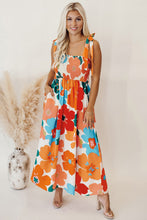 Load image into Gallery viewer, Orange Floral Self Tied Straps Smocked Bust Maxi Dress
