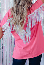 Cargar imagen en el visor de la galería, Rose Red Sequined Fringe Wing High-low Hem T-shirt
