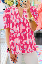 Cargar imagen en el visor de la galería, Rose Abstract Print Smocked Puff Sleeve V Neck Blouse
