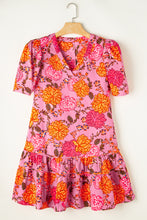 Cargar imagen en el visor de la galería, Pink Floral Bubble Sleeve V Neck Ruffled Mini Dress
