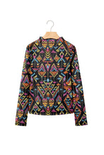 Cargar imagen en el visor de la galería, Color black Abstract Print Long Sleeve Stand Neck Mesh Top
