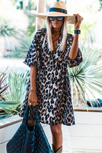 Load image into Gallery viewer, Black Leopard Puff Sleeve Buttons Front Shirt Dress
