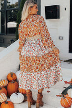 Load image into Gallery viewer, Khaki Floral Print Ruffled Tiered Long Sleeve V Neck Midi Dress
