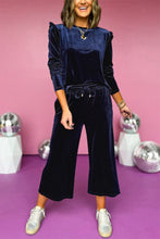 Load image into Gallery viewer, Navy Blue Solid Velvet Ruffled Two Piece Pants Set
