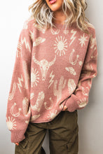 Cargar imagen en el visor de la galería, Peach Blossom Western Print Drop Shoulder Round Neck Long Sleeve Sweater
