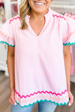 Load image into Gallery viewer, Pink Stripe Ricrac Trim Split Neck Striped Ruffled Sleeve Blouse
