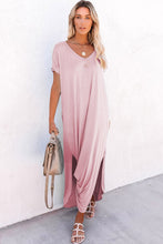 Cargar imagen en el visor de la galería, Pink V Neck Hidden Pocket Splits Maxi T-shirt Dress
