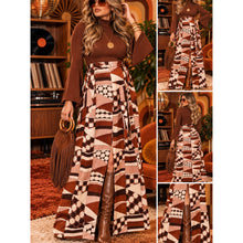 Load image into Gallery viewer, Vintage 70s Boho Wide-Leg Maxi Skirt — Brown &amp; Cream Geometric Print with Belt
