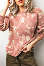 Cargar imagen en el visor de la galería, Peach Blossom Western Print Drop Shoulder Round Neck Long Sleeve Sweater
