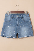 Load image into Gallery viewer, Dusk Blue Pearl Beaded Raw Hem Medium Wash Denim Shorts
